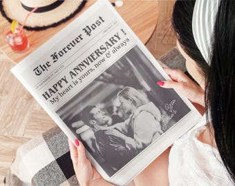 カップルの記念日新聞テンプレート、妻と夫への幸せな記念日ギフト、彼氏への1年記念日ギフト、編集可能なテンプレート