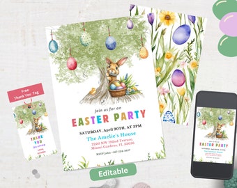 Editable Easter Party Invitation,Bunny behind, Easter Birthday Invitation Template with Thank You Tag, Easter Invite, Digital Download