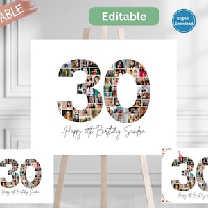 Editable 30th Birthday Photo Collage, 30th Picture Frame Template, Birthday Gift, Birthday Number 30 Printable Frame Digital Poster
