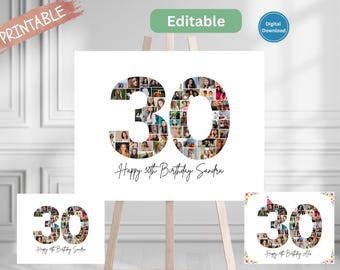 編集可能な30歳の誕生日フォトコラージュ、30歳のフォトフレームテンプレート、誕生日プレゼント、誕生日の数字30の印刷可能なフレームデジタルポスター