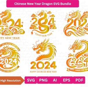 Bundle Dragon chinois nouvel an SVG, 2024 année du Dragon, horoscope chinois majestueux Dragon PNG pour chemises, tasses, sacs téléchargement immédiat
