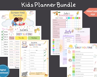 Kids Planner Bundle Printable with Screentime Checklist, Schedule, Responsibility Chore Chart, Cute Cat Daily Routine, Instant Download