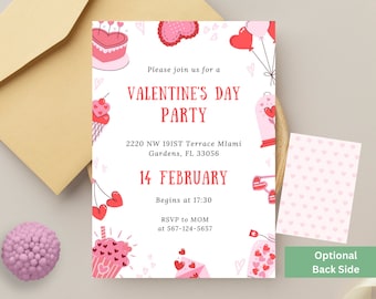 May include: A white Valentine's Day party invitation with red hearts, balloons, and cupcakes. The invitation includes the date, time, and location of the party. The back side of the invitation has a pink background with a pattern of small white hearts.