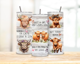 ハイランド牛タンブラーラップPNG、牛好きタンブラーPNG、20オンス 30オンス スキニータンブラーラップPNG、昇華デザイン、牛好きの女の子