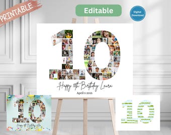 編集可能な10歳の誕生日フォトコラージュ、10歳のフォトフレームテンプレート、子供の誕生日プレゼント、誕生日の数字10の印刷可能なフレームデジタルポスター