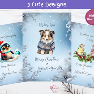 Kerstkaart, Nieuwjaar met muizen, vakantieset, prettige kerstdagen en gelukkig nieuwjaar PNG, kerstnieuwjaarscadeau, instant download