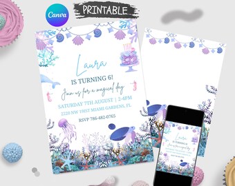 編集可能なマーメイドシーの誕生日招待状、パーティー招待状テンプレート、子供の誕生日招待状、デジタル招待状、電子招待状テキストメッセージ招待状