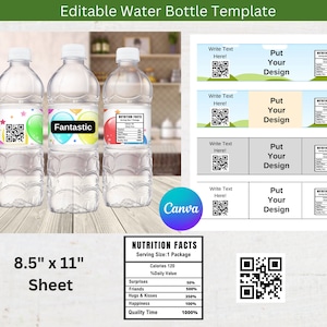 Water Bottle Label Editable Template, Water Bottle Template, Water Bottle Sticker, Party Favors, Water Bottle Wrap, Digital Download