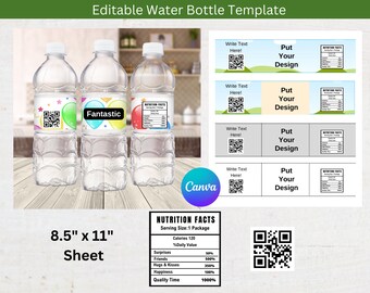 Plantilla editable de etiqueta de botella de agua, plantilla de botella de agua, pegatina de botella de agua, favores de fiesta, envoltura de botella de agua, descarga digital