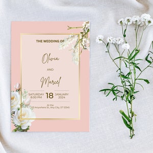 Pink Elegant Wedding Invitation, Save The Date, Editable Elegant Wedding Invite, Vintage Wedding Invite, DIY Canva template