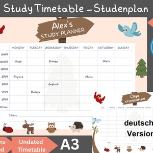 Personalize Timetable Animal Printable | Woodland Design | Study Schedule | Weekly Timetable | Hourly Agenda | A4 A3 | Instant Download