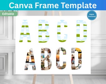編集可能な写真コラージュの文字と数字のテンプレート、メモリアル写真コラージュの編集可能なファイル、アルファベットのストーリーボード、母の日ギフト