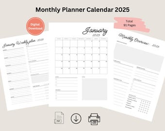 2025 カレンダー、月間プランナーカレンダー、週間プランナー、デスクカレンダー、自己反省ページ、メモ付きミニマリストカレンダー、食事プランナー