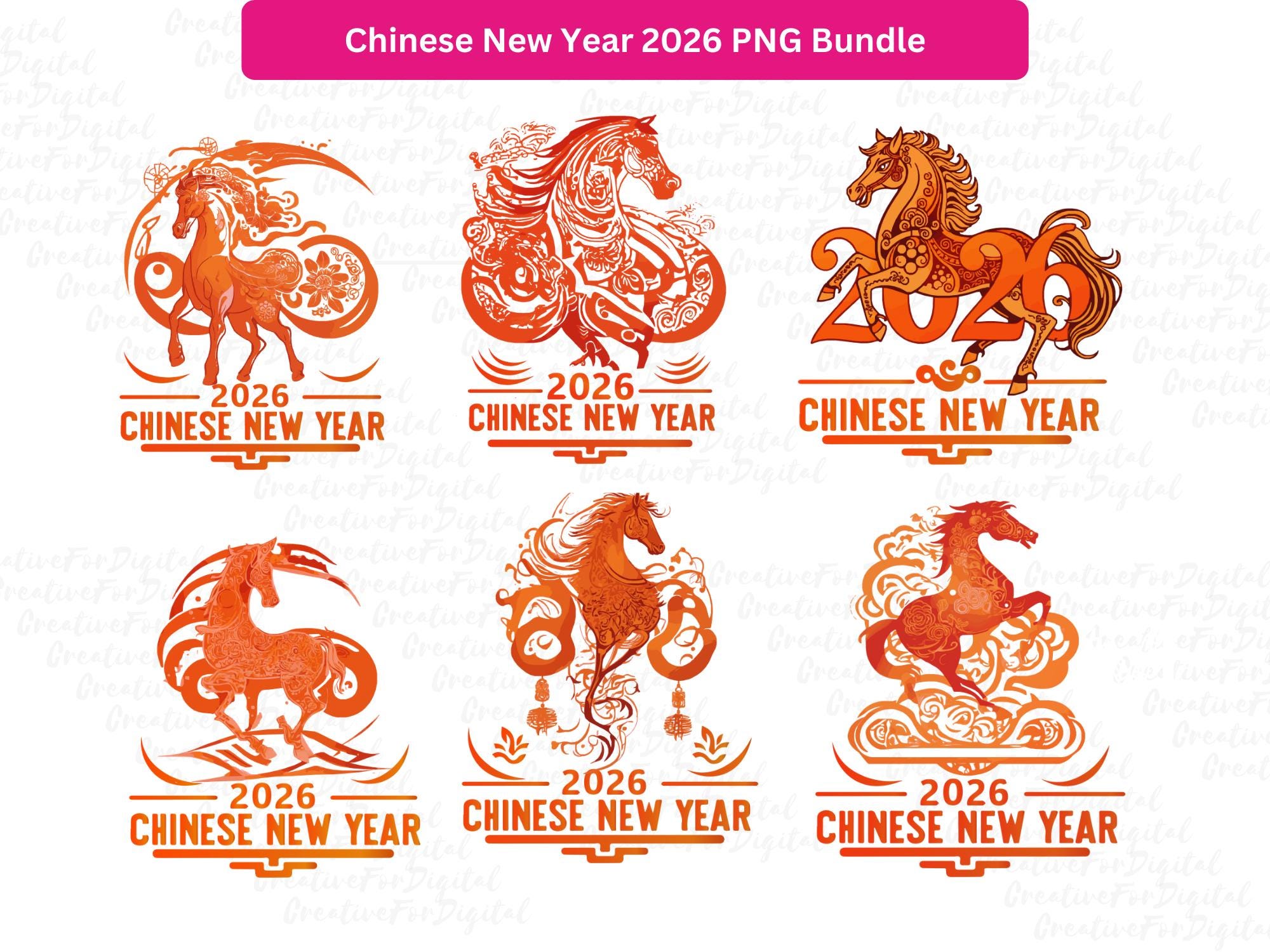 2026 Year of the Horse, Chinese New Year PNG Bundle, Lunar Year, Lunar ...