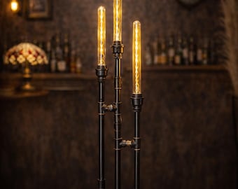 Lámpara de mesa industrial vintage – Lámpara de escritorio steampunk – Lámpara con tres bombillas Edison – Iluminación rústica
