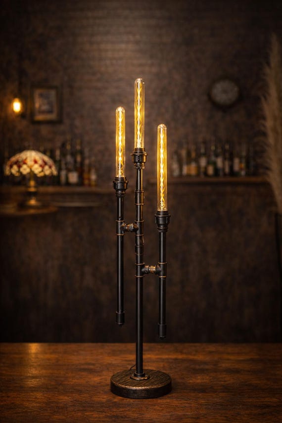 Industrial Vintage Table Lamp – Steampunk Desk Lamp –Triple Edison Bulb Lamp – Rustic Lighting