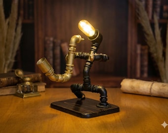 Steampunk Saxophonist Table Lamp, Industrial Pipe Desk Decor