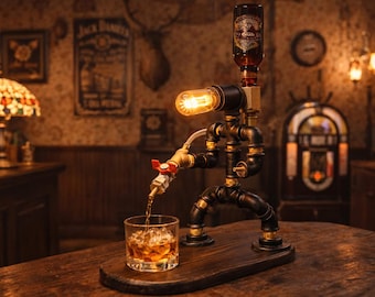 Steampunk Fireman Table Lamp Industrial Pipe Lamp – Retro Desk Lamp – Man Cave Decor – Rustic Edison Lighting