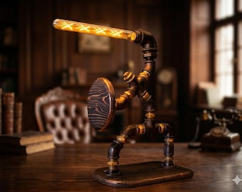 Industrial Pipe Table Lamp – Steampunk Edison Bulb Lamp – Rustic Whiskey Bar Lighting – Loft Industrial Desk Lamp – Handmade Pipe Light
