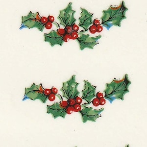 May include: A pattern of holly sprigs with green leaves and red berries on a cream background. Each sprig has three to five berries and is arranged in a curved shape. The image is a repeating pattern.