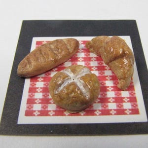 Mini Croissant, baguette, bun (3) dollhouse bakery, tiny bread, 1:12 scale, kitchen accessory, mini food, polymer clay, handcrafted