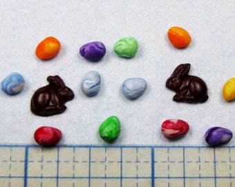 Mini Dyed Easter Eggs (12) & Bunnies (2) dollhouse, 1:12 tiny, spring accessory, fairy garden, holiday, handcrafted Fimo, mini colored eggs