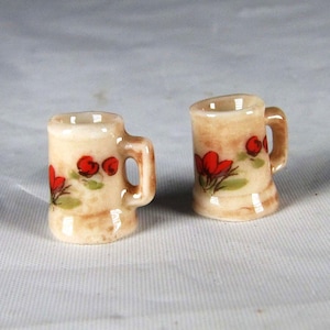 Pair of mini dollhouse mugs 7/16&quot;H x 3/8&quot;D. -porcelain, tall steins for 1:12, tea, coffee, beer, beverages for minis. Handcrafted. Signed.