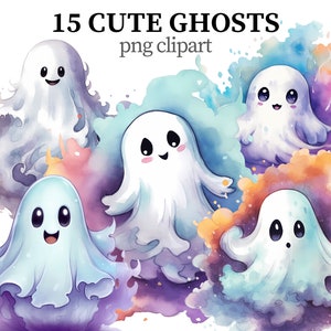 Cute Ghost Clipart Watercolor PNG Halloween Clipart Spooky Ghosts Cartoon png Baby Ghost Fantasy Scrapbook Papercraft Card making