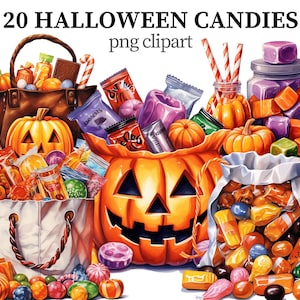 Peut inclure: Une collection de bonbons d'Halloween dans divers sacs, bocaux et citrouilles. Les bonbons comprennent des sucettes, des barres chocolatées, des bonbons gélifiés et des bonbons durs. L'image comprend également une citrouille avec un visage de citrouille et un sac avec une poignée brune.