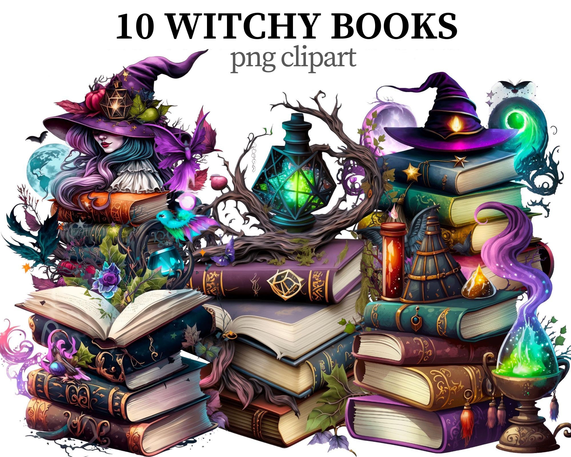 Witchy Books Clipart Wizard School PNG Mystic Spell Book Magic Clipart Witchcraft png Fantasy Books Print Scrapbook Paper craft Card making