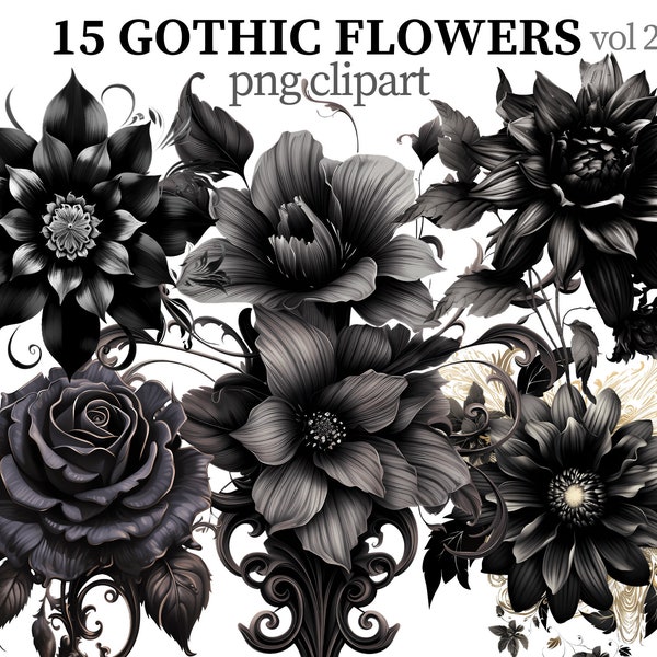 Gothic Flowers Clipart Floral PNG Mystical Flower Images Botanical Print Dark Fantasy Flowers png Black Scrapbooking Paper craft Card making