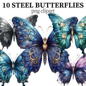 Stahl Schmetterling Clipart, Metallic PNG Fantasy Schmetterlinge Clipart, Steampunk dekorative png Sofortiger Download Scrapbook Papercraft Card-Making