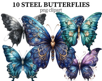 Steel Butterfly Clipart Metallic PNG Fantasy Butterfles Clipart Steampunk Decorative png Instant Download Scrapbook Papercraft Card making