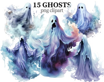 Watercolor Ghost Clipart: Spooky Halloween PNG Images (Digital Download)