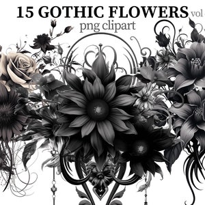 Gothic Flowers Clipart Floral PNG Mystical Flower Images Botanical Print Dark Fantasy Flowers png Black Scrapbooking Paper craft Card making