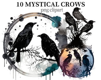 Crows Clipart Witch Raven PNG Gothic Clipart Magic PNG Fantasy Bird Crow Print Mystical Raven Black Birds Scrapbook Papercraft Card making