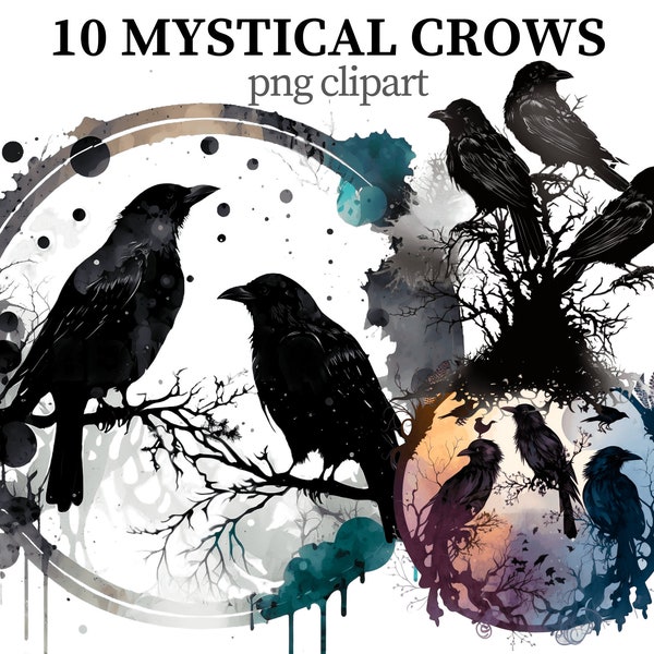 Crows Clipart Witch Raven PNG Gothic Clipart Magic PNG Fantasy Bird Crow Print Mystical Raven Black Birds Scrapbook Papercraft Card making