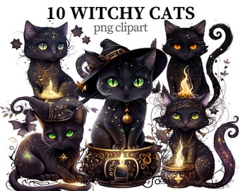 Witchy Cats Clipart Mystical PNG Cat Black Clipart Halloween Animals Dark Fantasy Kittens png Magic Clipart Scrapbook Papercraft Card making