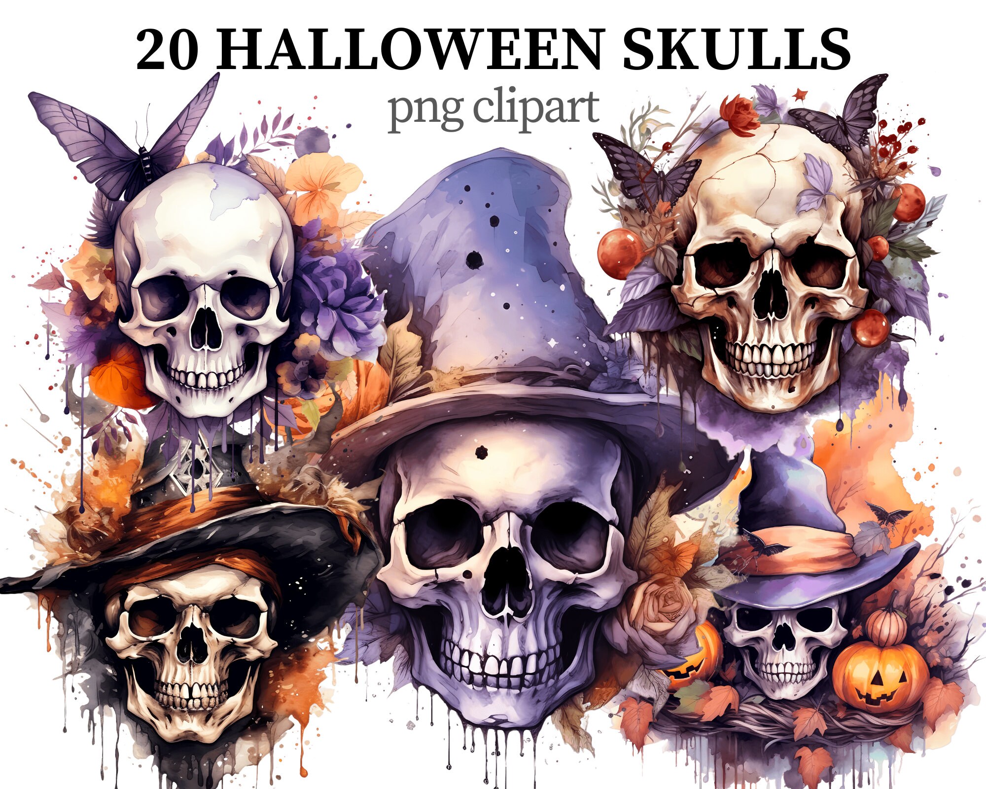 Halloween Skull Clipart Spooky PNG Halloween Clipart Watercolor Scary ...