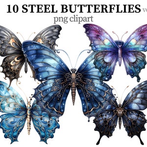 Stahl Schmetterling Clipart Fantasy PNG Metallic Schmetterlinge Clipart Steampunk dekorative Sofort-Download Scrapbook Papercraft Card-Making