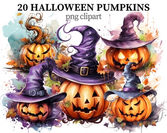 Halloween Pumpkin Clipart: Spooky Watercolor PNG Set (Digital Download)