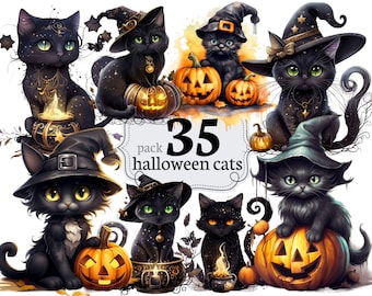 Clipart de gatos de Halloween: 35 gatitos negros brujos PNG (Descarga digital)