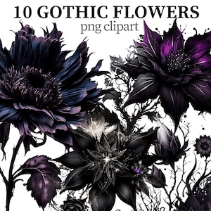 Gothic Blumen Clipart Floral PNG Mystisch Blumen Bilder Botanischer Druck Dunkel Fantasy Blumen png Schwarz Scrapbooking Papier Handwerk Kartenherstellung