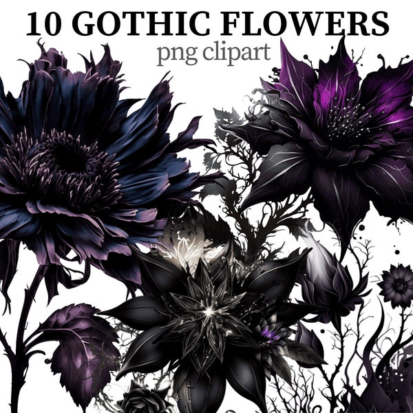 Gothic Flowers Clipart Floral PNG Mystical Flower Images Botanical Print Dark Fantasy Flowers png Black Scrapbooking Paper craft Card making