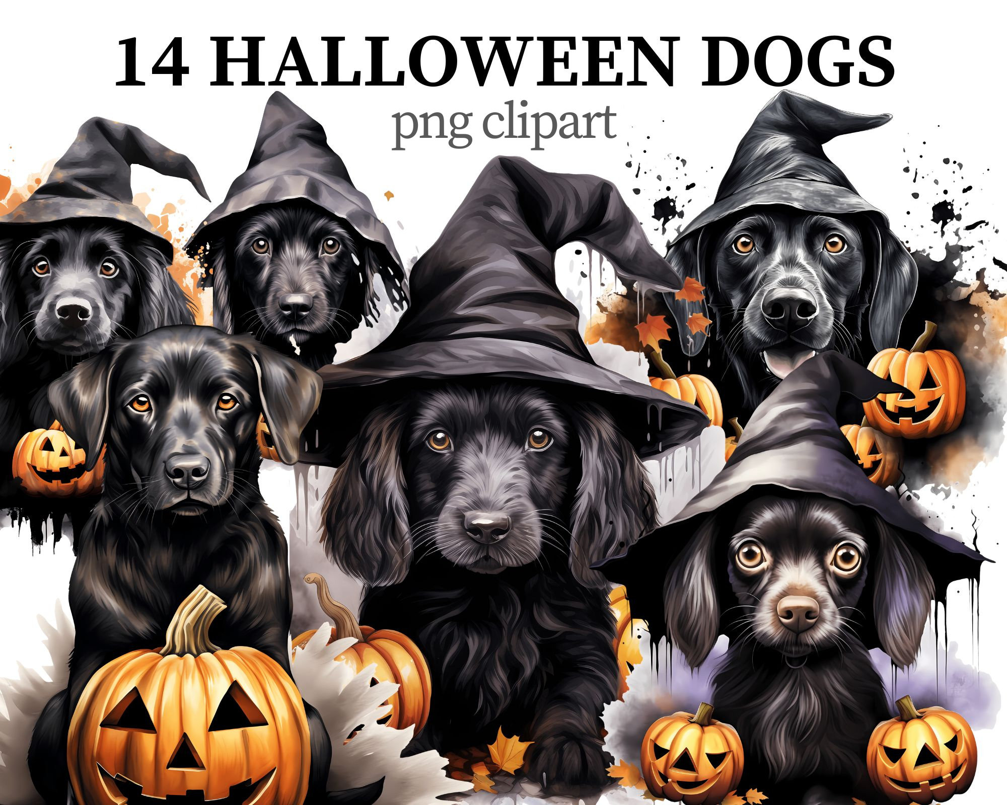 Halloween Hunde Clipart mystisch PNG schwarzer Hund dunkel Fantasie Tiere Halloween png Goth Hunde und Kürbisse Scrapbook Papier Handwerk Kartenherstellung