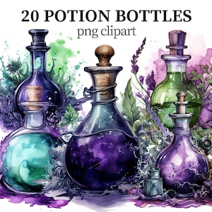 May include: A set of five watercolor illustrations of potion bottles. The bottles are various shapes and sizes, with different colored liquids inside. The bottles are surrounded by flowers, leaves, and other botanical elements. The text "20 POTION BOTTLES png clipart" is at the top of the image.