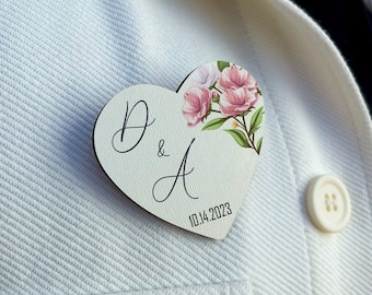 Broches de faveur de mariage, boutonnières de mariage en forme de cœur en bois en vrac, épingles de mariage personnalisées, faveur de mariage personnalisée pour les invités