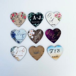 Broches pour cadeaux de mariage, épingles de mariage personnalisées, boutonnières de mariage coeur en bois en gros, cadeau de mariage personnalisé pour invités, cadeau pour invités image 4