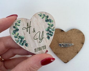 Wooden Heart Wedding Boutonnieres in Bulk, Custom Wedding Pins, Custom Wedding Favor For Guests, Wedding Brooches in Bulk