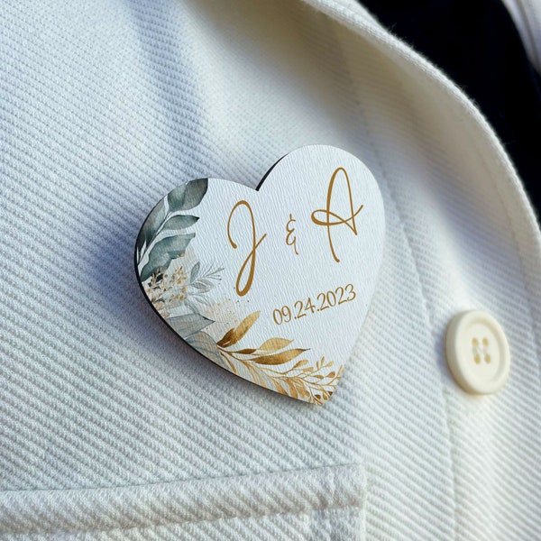 Broches pour cadeaux de mariage, épingles de mariage personnalisées, boutonnières de mariage coeur en bois en gros, cadeau de mariage personnalisé pour invités, cadeau pour invités